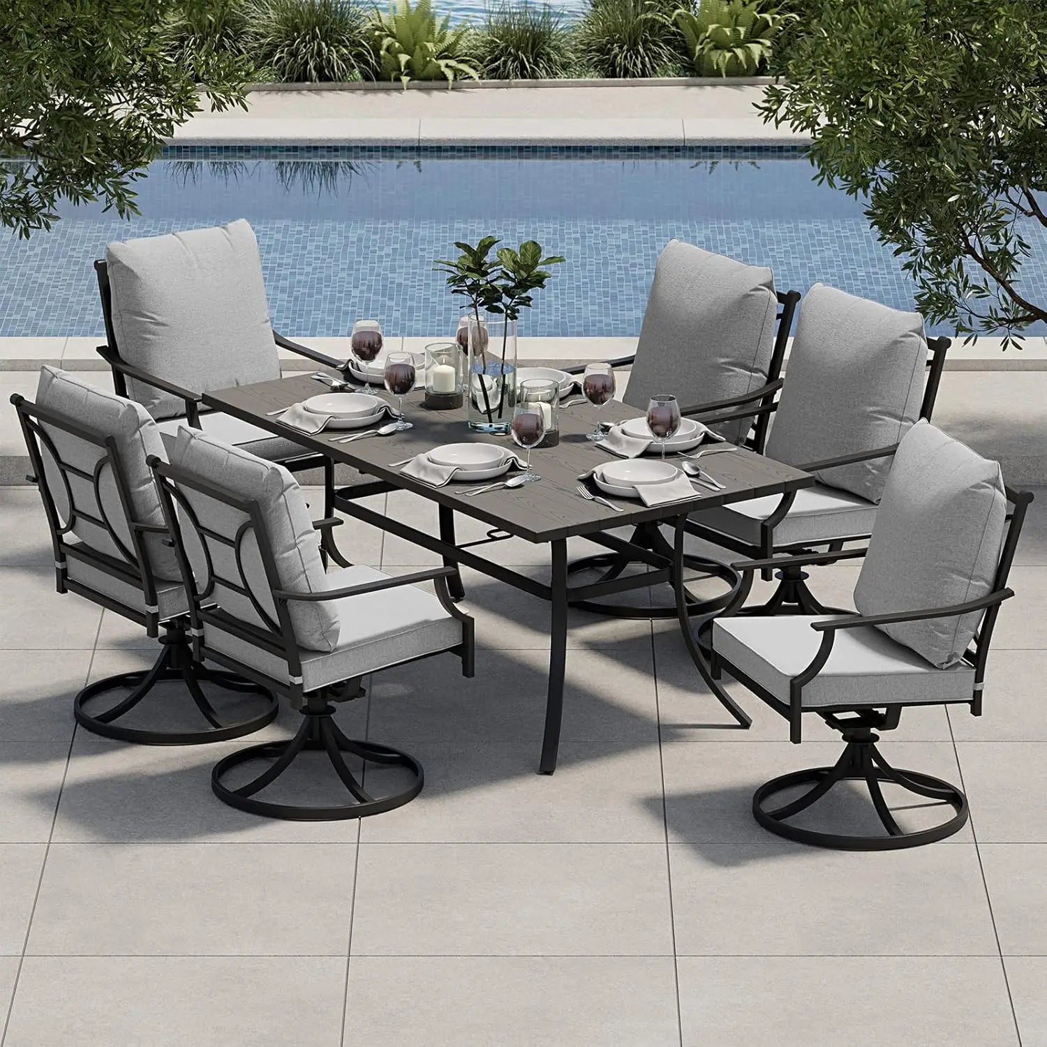 7-Piece Patio Dining Set for 6, Outdoor Swivel Chairs with Olefin Cushions &  Black Rectangular Faux Woodgrain Dining Table