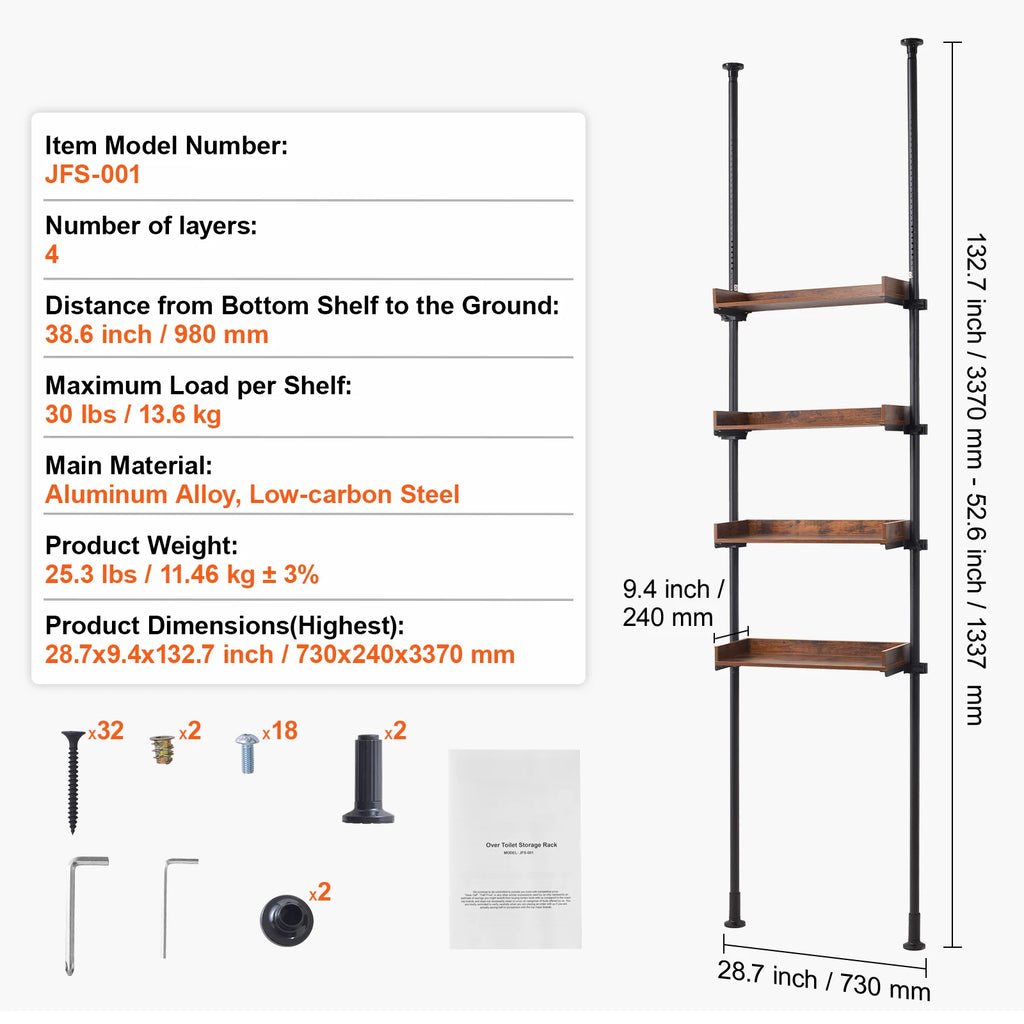 SucceBuy Over the Toilet Storage  4-Tier Adjustable Low-carbon Steel 53"-132"  Easy Assembly  for Small Rooms  Fit Most Toilets