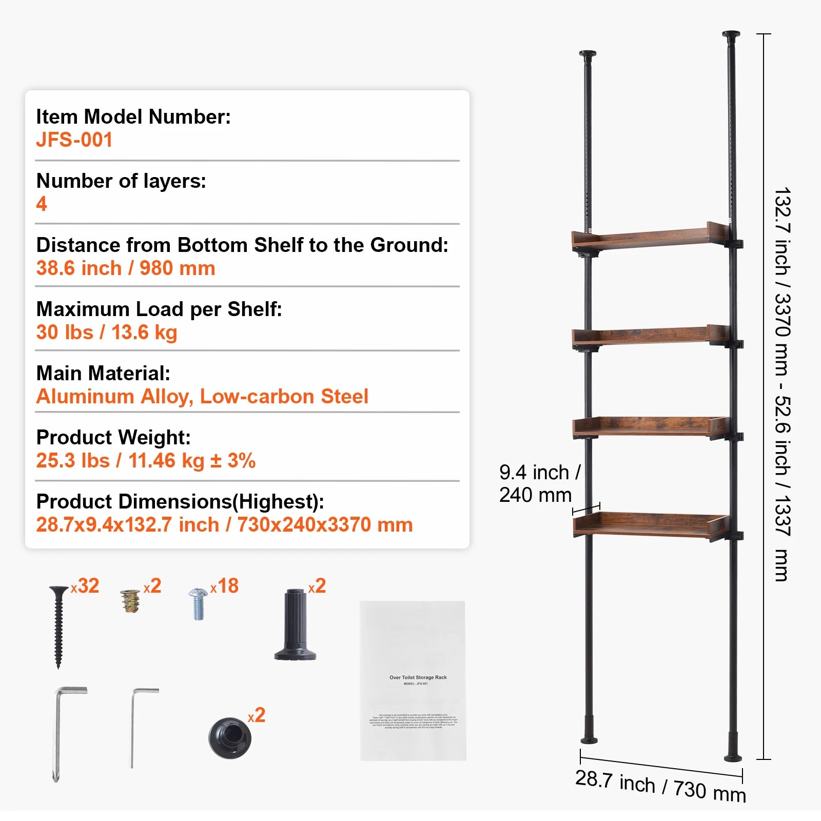 SucceBuy Over the Toilet Storage  4-Tier Adjustable Low-carbon Steel 53"-132"  Easy Assembly  for Small Rooms  Fit Most Toilets