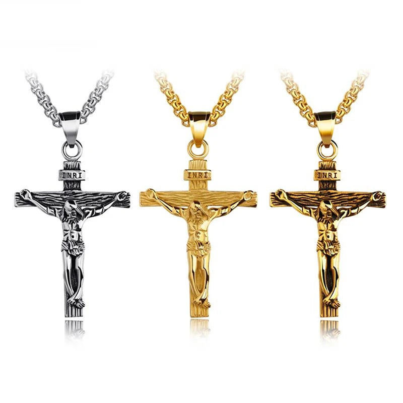 Religious Jesus Cross Stainless Steel Necklace For Men Fashion Gold Silver Color Cross Pendent With Chain Necklace Jewelry Gift