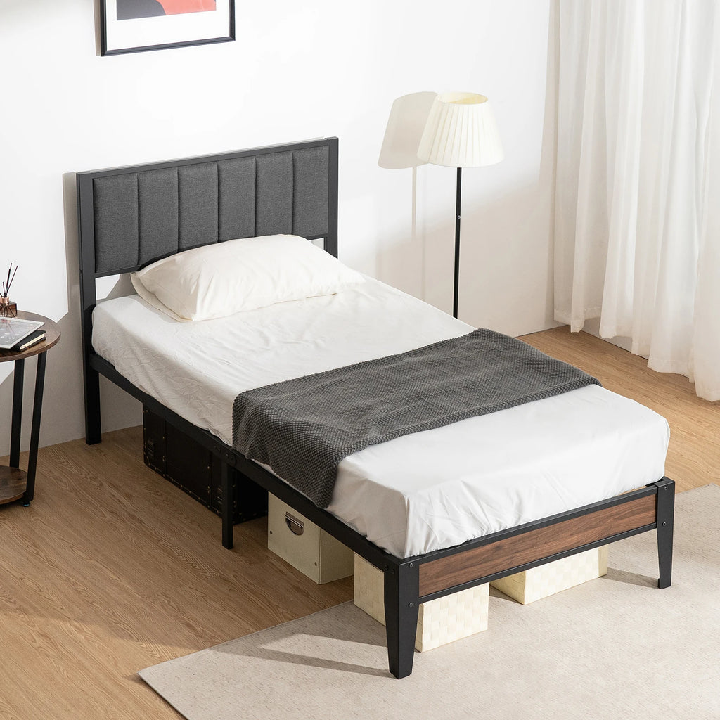 Twin/Full Bed Frame, Headboard Upholstered Bed Frame Platform, All Metal Slats Support Platform Bed Frame with Storage Space