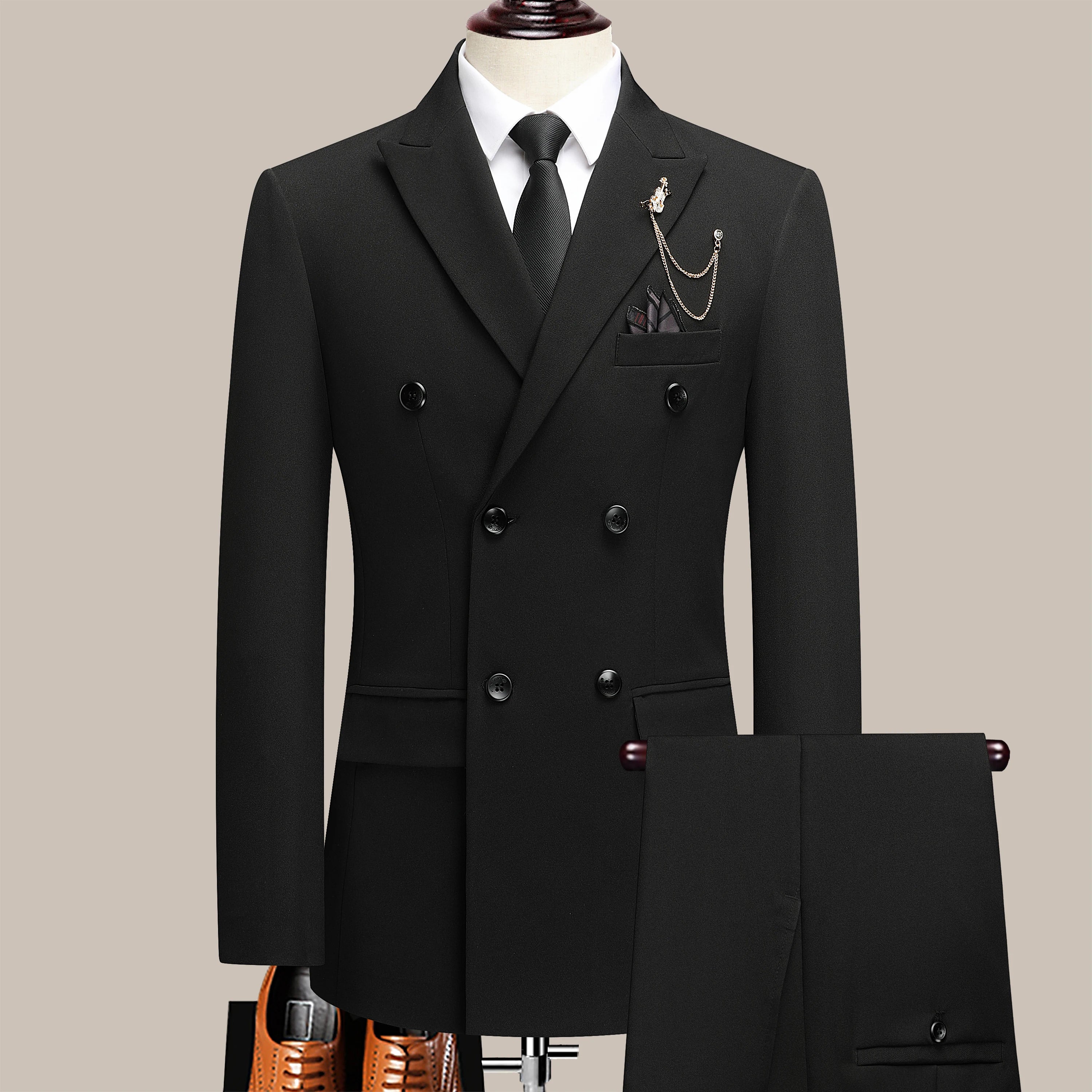 The latest men's solid color suit two-piece set with lapel collar and double breasted buttons for four seasons, men's business s