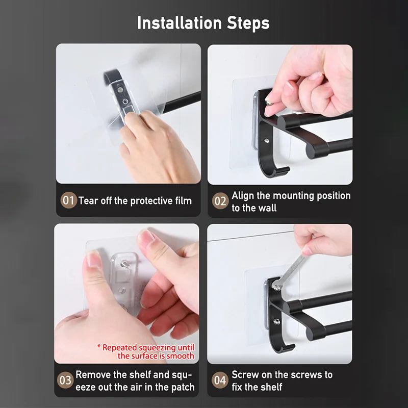Bathroom Hand Towel Rack Towel Holder Wall Mount No Drill Mount 40/50cm Towel Bar Shelf Aluminum Double Rod 2 Tier Towel Rail