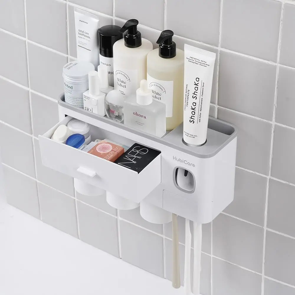 HubiCare Toothbrush Holder with Toothpaste Dispenser Wall Mounted for Bathroom, Automatic Toothpaste Squeezer, Bathroom Organiza