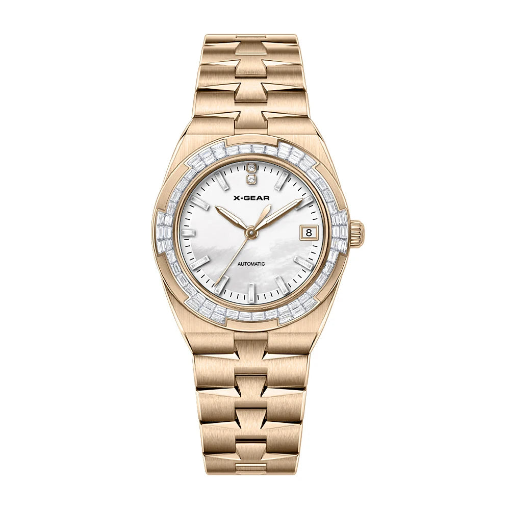 Luxury automatic mechanical watch for women; waterproof, elegant and fashionable round watch as a gift for girlfriend.