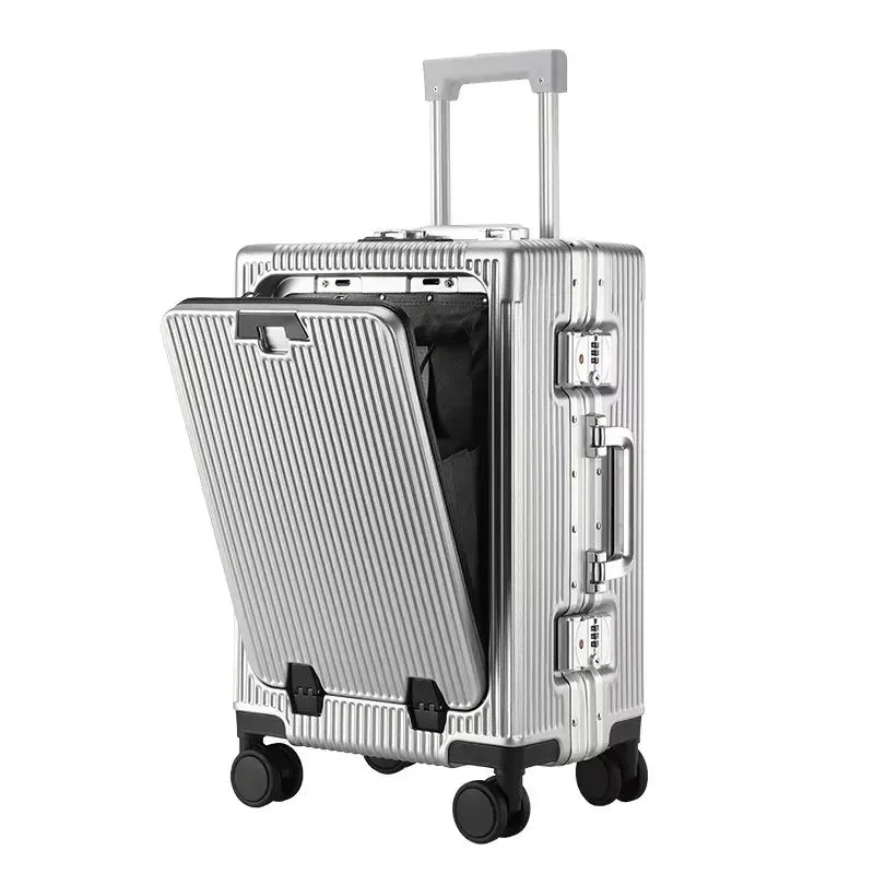 Aluminum Alloy Frame Suitcase Front Opening Pocket with USB Charging Plug Rolling Luggage Trolley Case Bag with Spinner Wheel