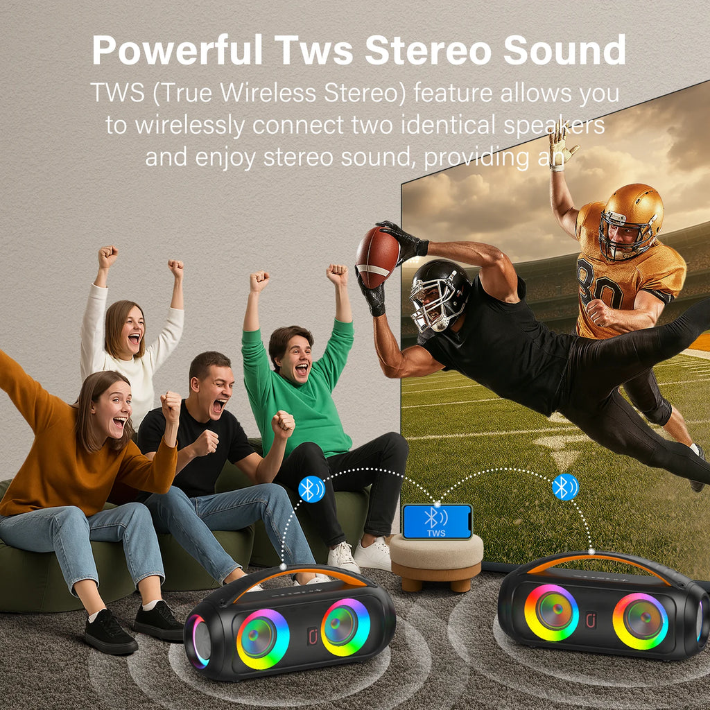Portable Bluetooth Wireless Speaker, Loud Boombox Speaker with Subwoofer, Powerful Deep Bass Stereo Sound, IP65 Waterproof