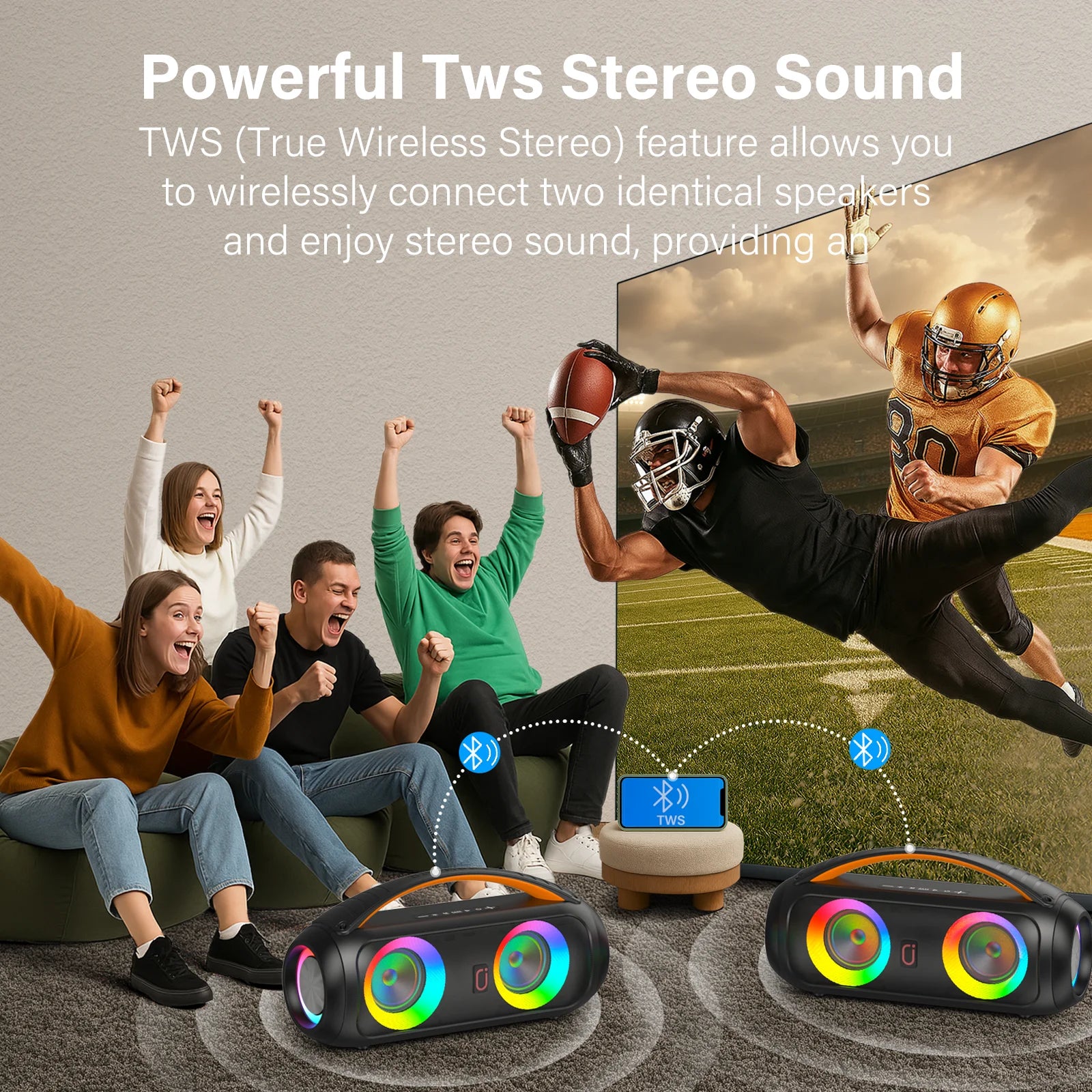 Portable Bluetooth Wireless Speaker, Loud Boombox Speaker with Subwoofer, Powerful Deep Bass Stereo Sound, IP65 Waterproof
