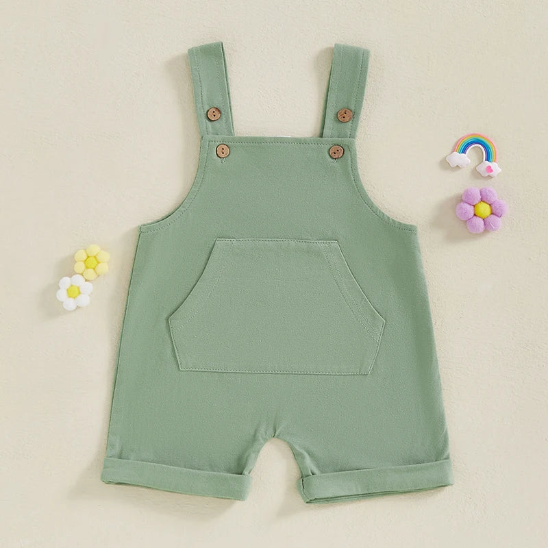Infant Toddler Denim Overalls Sleeveless Square Neck Front Pocket Suspender Shorts Baby Romper Jumpsuit for Boys Girls