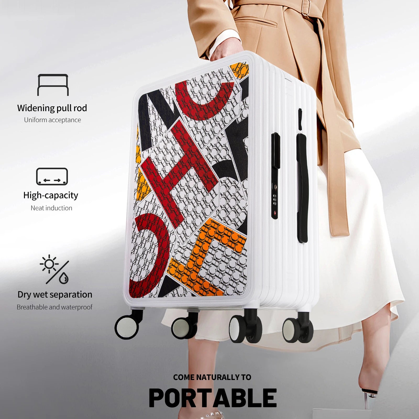 Classic Fashion Unisex New Roller Luggage Letter Design Large Capacity Business Travel Luggage