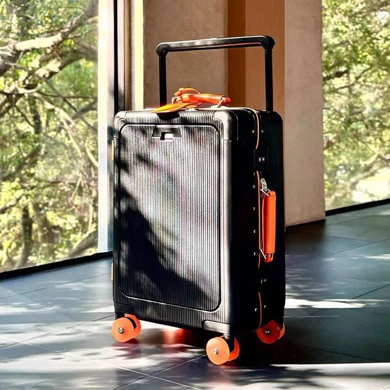 Front Opening Pocket Rolling Luggage Aluminum Frame Wide Handle Trolley Suitcase with Upgrade Silent Wheel USB Charging Plug TSA