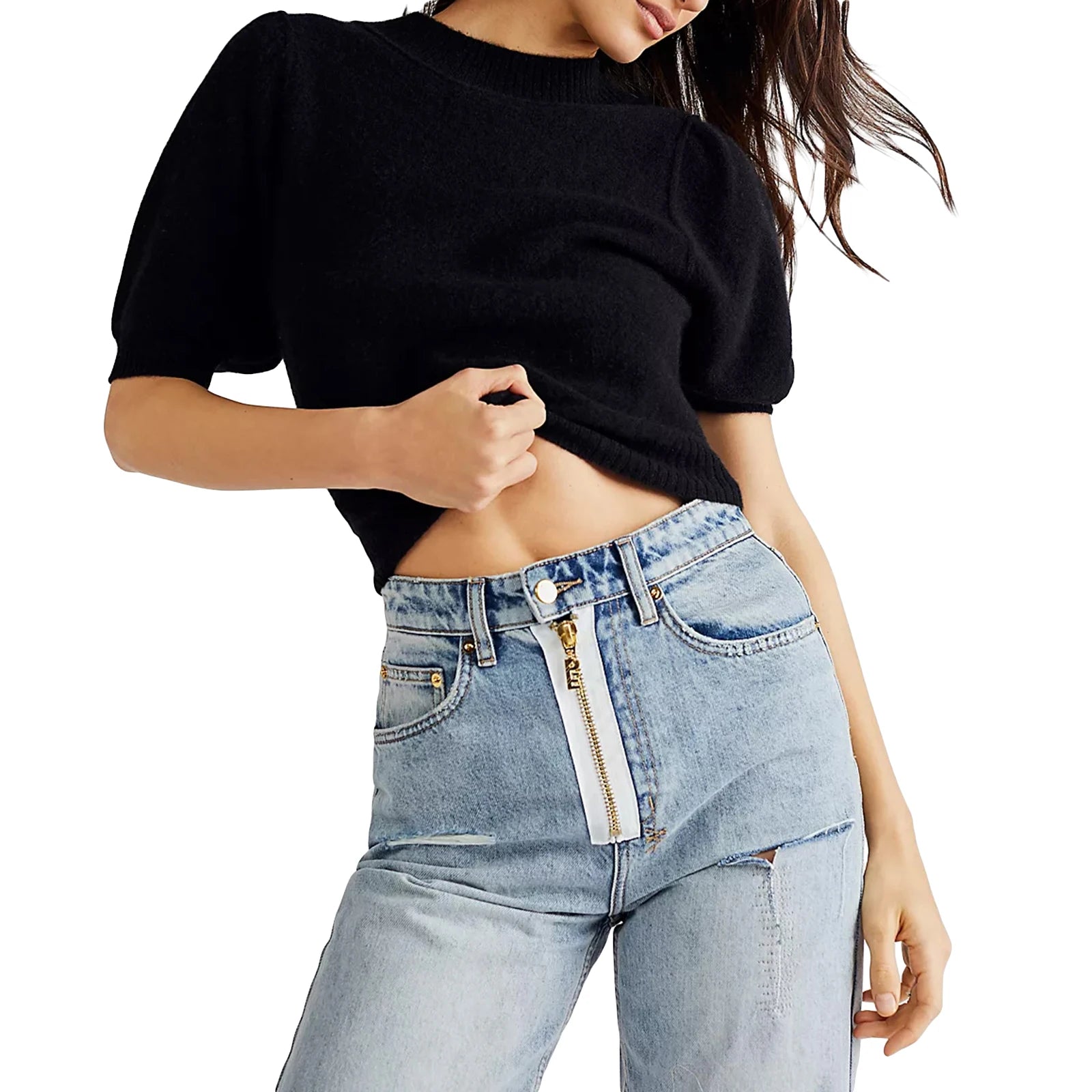 Women Knit Sweater Short Sleeve Sweater Crew Neck Solid Pullover Tops for Casual Daily