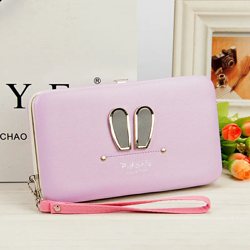 Cartoon Rabbit Ears Women's Cell Phone Box Wallet Credit Card Holder Purse with Wristlet Handbag