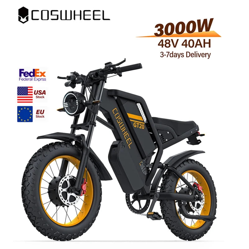 Coswheel Ebike GT20 Pro 3000W 48V 40AH Electric Motorcycle Max 145 Miles Fat Tire Mountain Electric Bike Adult Off-Road bicycle