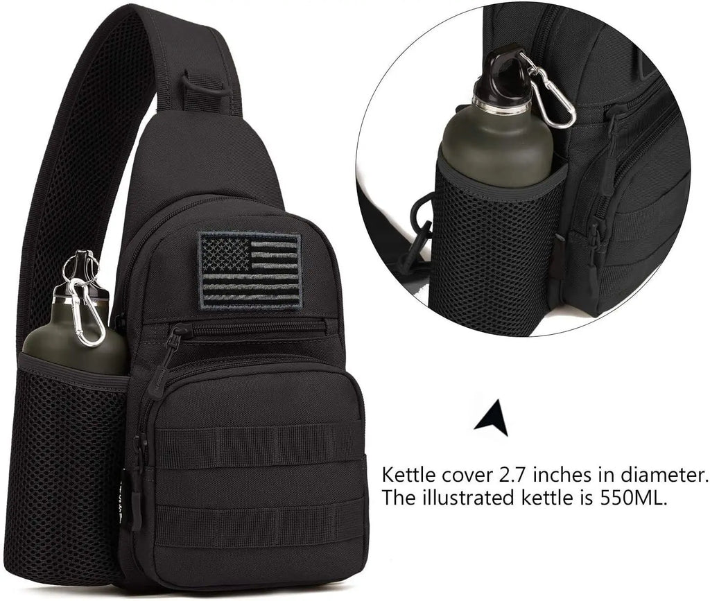 Tactical Sling Crossbody Backpack with Water Bottle Holder, MOLLE EDC Shoulder Sling Chest Bags for Travel Walk