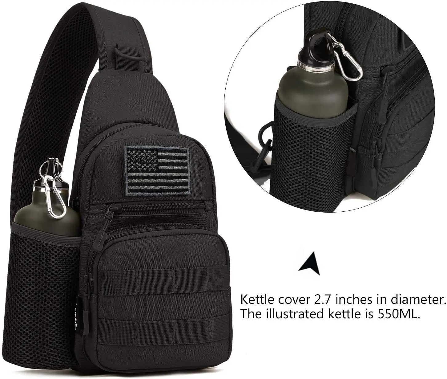 Tactical Sling Crossbody Backpack with Water Bottle Holder, MOLLE EDC Shoulder Sling Chest Bags for Travel Walk