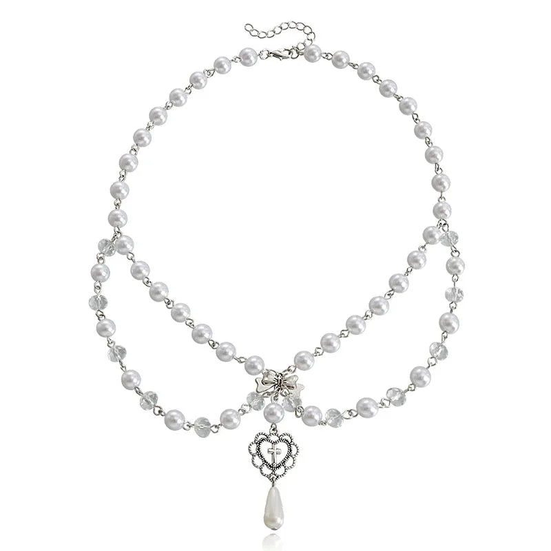 Vintage Gothic Cross Rosary Necklaces Women Punk Layered Chain Charm Handmade Sacred Pearl Beaded Choker Necklace Girl Gifts