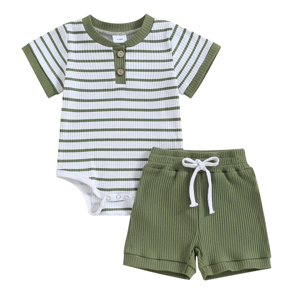 Baby 2 Piece Outfits Summer Striped Short Sleeve Romper and Elastic Shorts Set for Toddler Newborn Girl Boy
