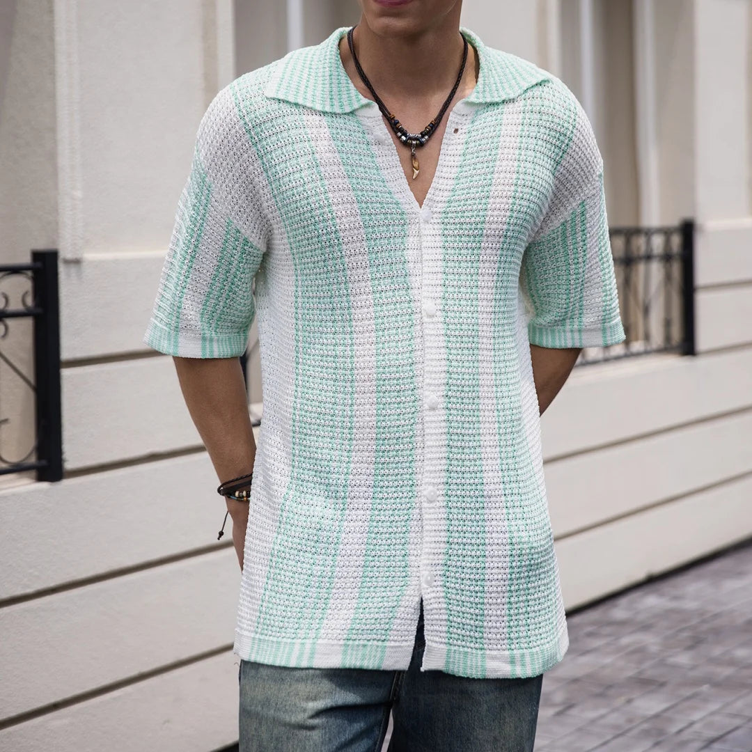 Men's Short Sleeves Summer Ice Silk Striped Brand Fashion Short-Sleeved Breathable Casual Slim Soft Tops Men US Size