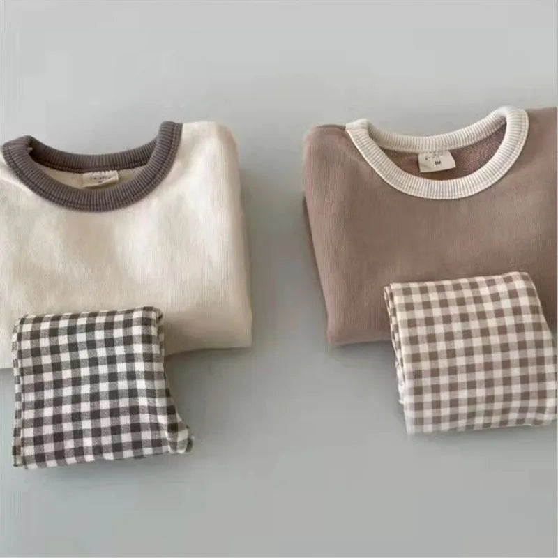 Autumn New Baby Long Sleeve Clothes Set Infant Solid Casual Sweatshirt Set Boys Girls Plaid Pants Outfits Children 2pcs Suit