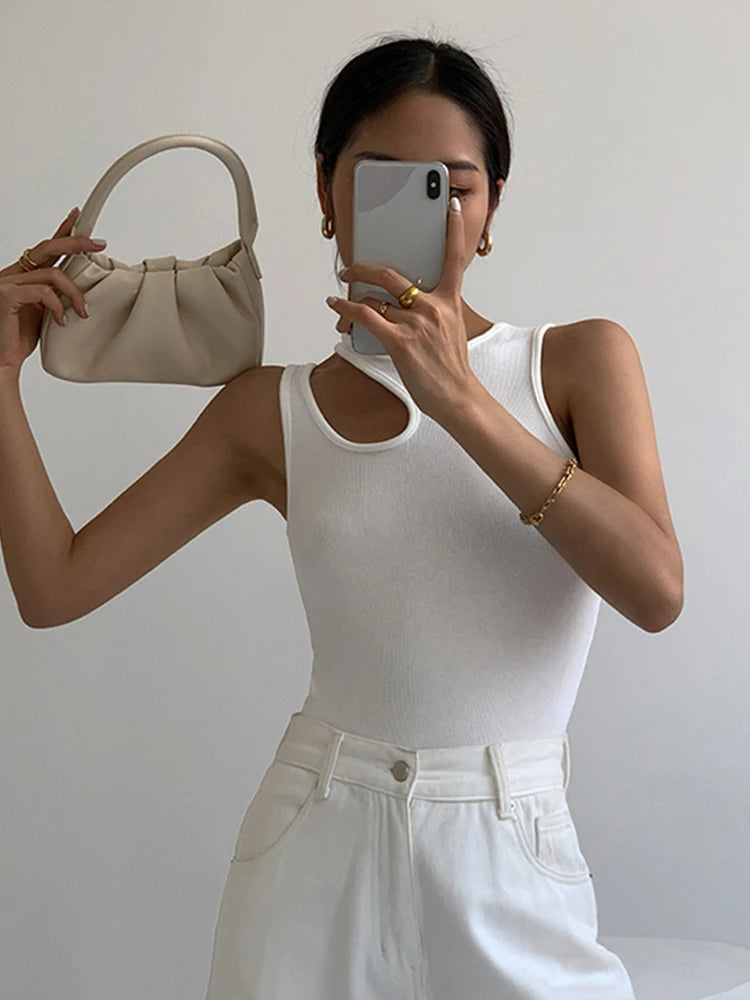 Casual white cut t shirt women round neck sleeveless korean slim t shirts women clothing 2024 summer fashion