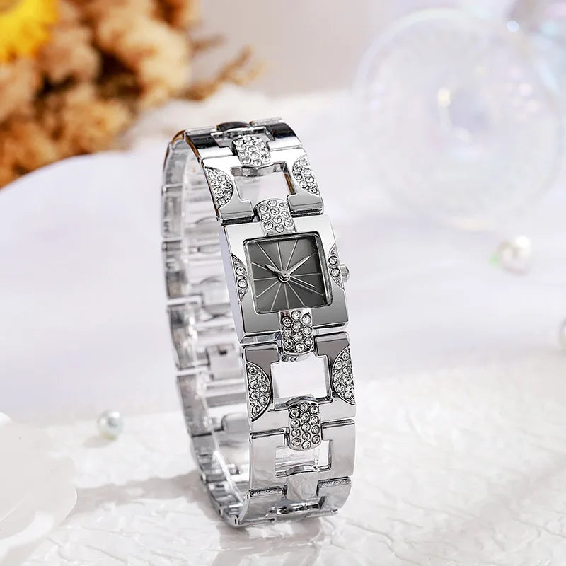 Fashion Women Watch Ladies Luxury Diamond Square Dial Quartz Watches Reloj Mujer Girls Clock Gift（Without Box）
