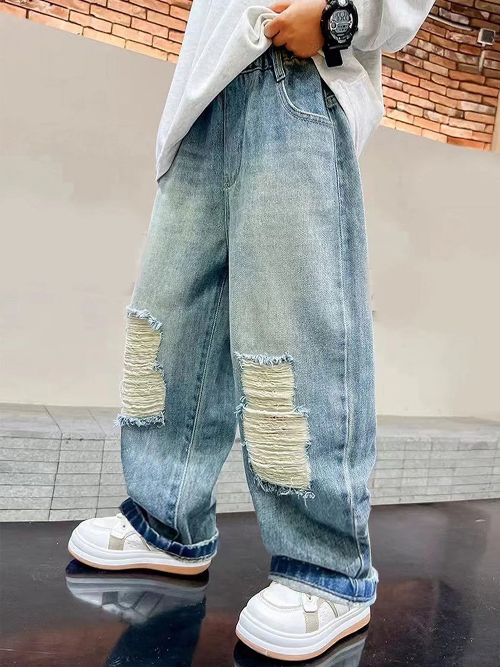 Vintage-washed loose-fit straight-leg relaxed long casual trendy jeans for teenage boy students