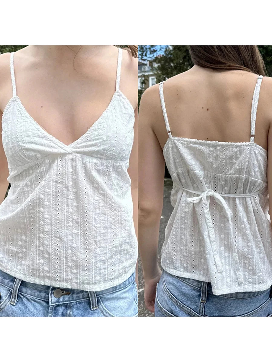 Women s Lace Trimmed Tank Tops Summer Sleeveless V Neck Open Back Casual Camisole Shirts White Beachwear Tops