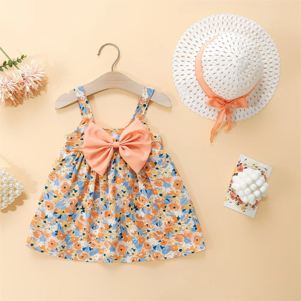 Baby Girl Dresses Summer Floral Cotton Suspender Dresses Cute Bow Girls Dresses Beach Dresses With Hats Baby Clothes Girls