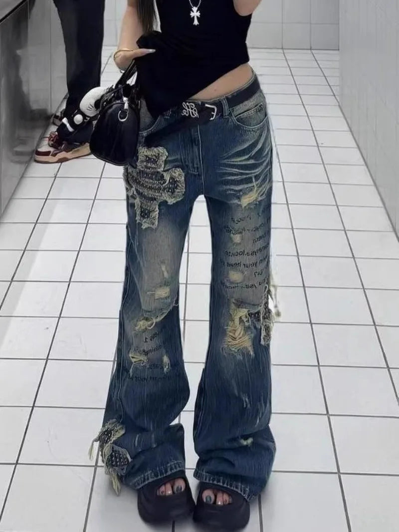 American Vntage Washing Make Old Rivets and Holes Jeans Women Y2K Street Straight Tube Baggy Slim Wide Legs and Long Pants Tide