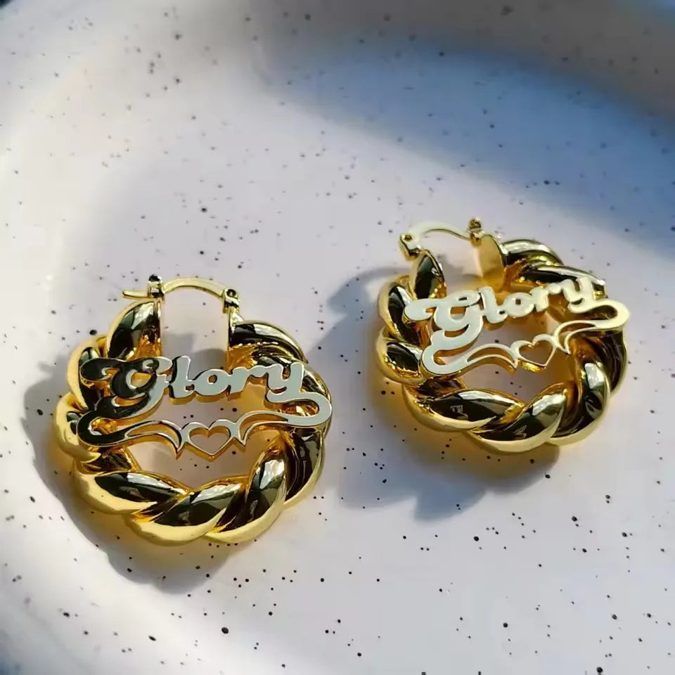 QiCai Custom Wholesale Personalized Name Heart Earrings 30mm Earrings Gold Stainless Steel Earrings Personalized Gift for Girls