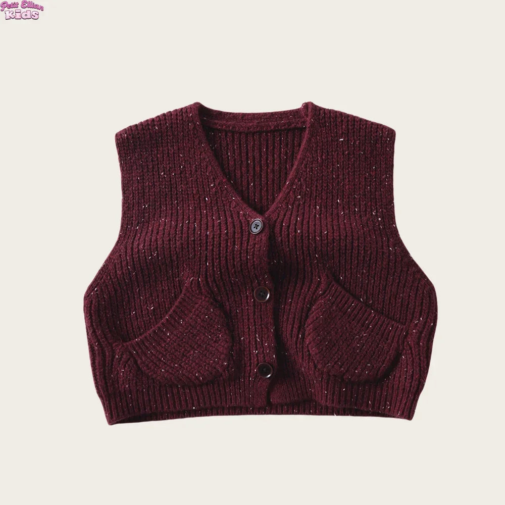 Baby Girls Boys 1-6Y Kids Girl Clothes Burgundy Knitted Cardigan Vest Soft Woolen Fabric Pocket Detail Casual Daily Wear Sweater