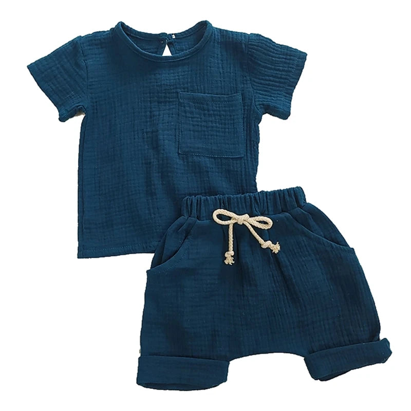Baby Girls Boys Outfit Suit Cotton Linen Children Clothes Set Toddler Solid Casual T-shirt Kids Tops Summer Shorts Pants