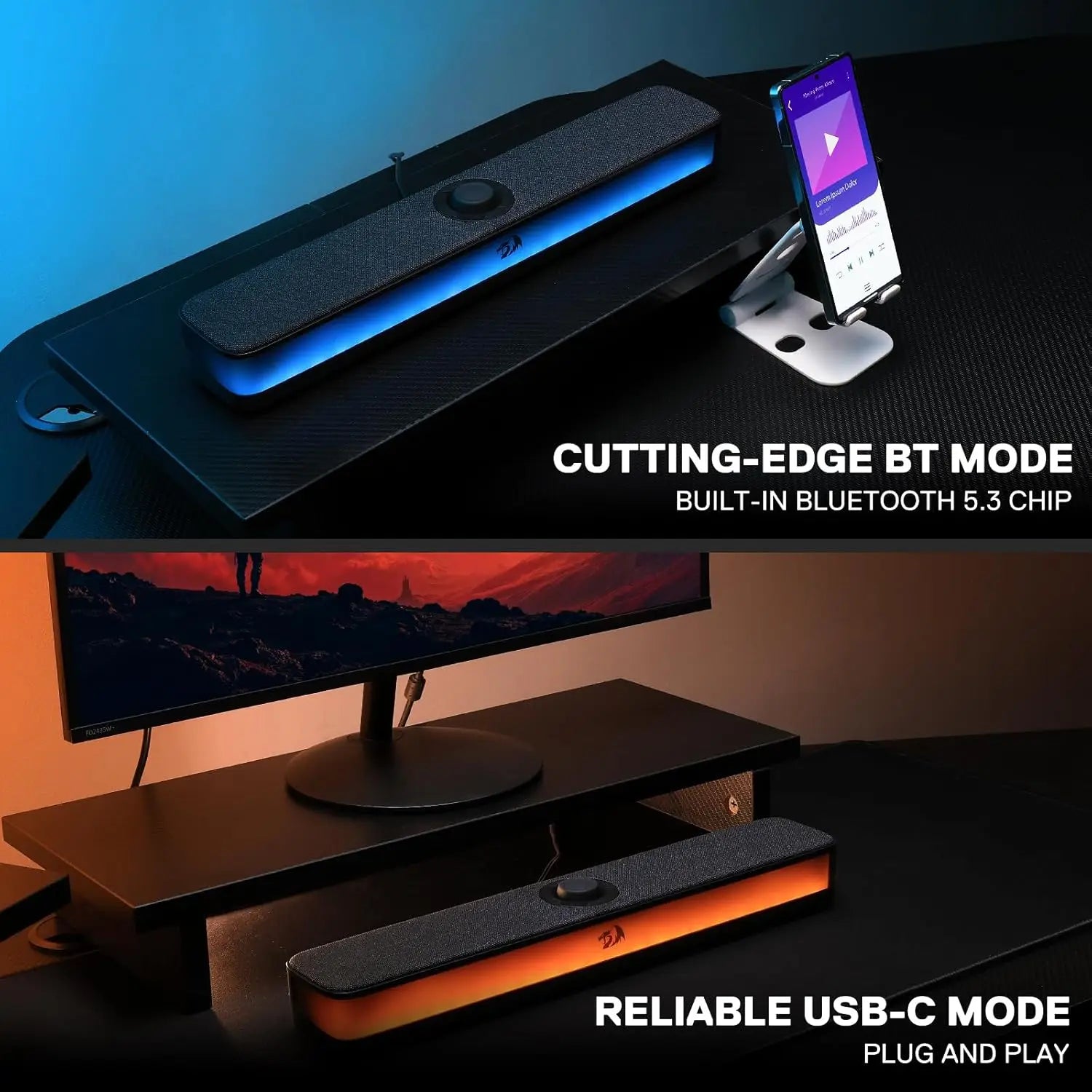 Redragon GS515 RGB Desktop Soundbar 2.0 Channel Stereo Computer Speakers for Desktop Bluetooth 5.3, USB-C/USB Powered, Black