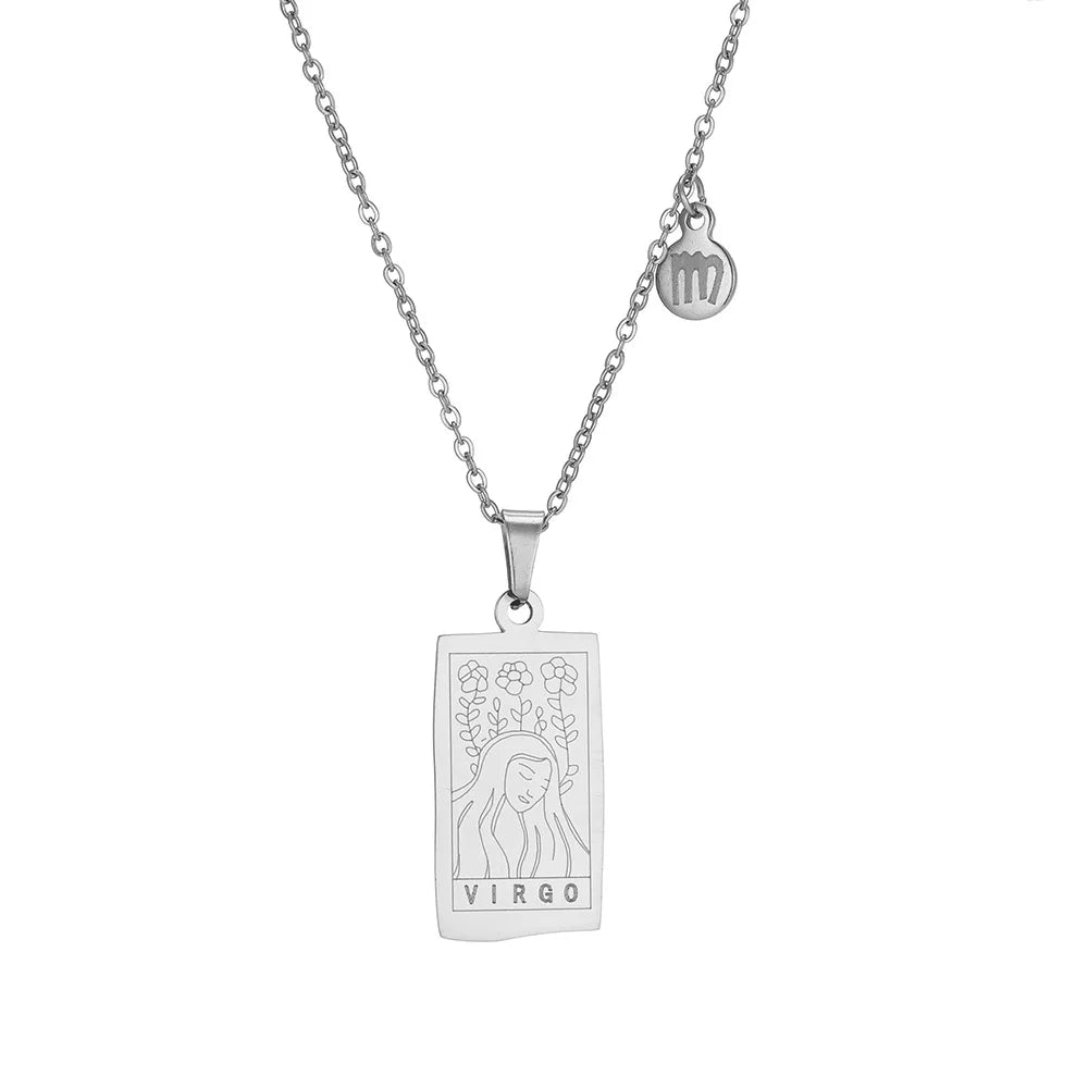 Stainless Steel Square Tarot Card Pendant Women Necklace Twelve Constellations Gold-Plated Clavicle Chain Horoscope Gifts