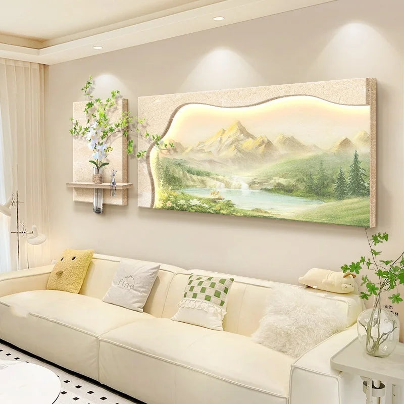 Simple Living Room Decoration Painting Natural Wood Sunshine Sofa Background Wall Hanging Painting High-End Landscape Wall Lamp