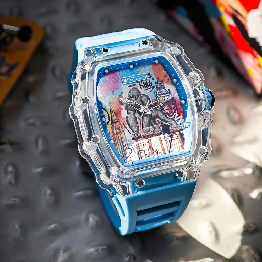 Men Mechanical Watch Transparent Case Silicone strap Luminous Calendar Wrist Watches Leisure Sports Style watches for Men