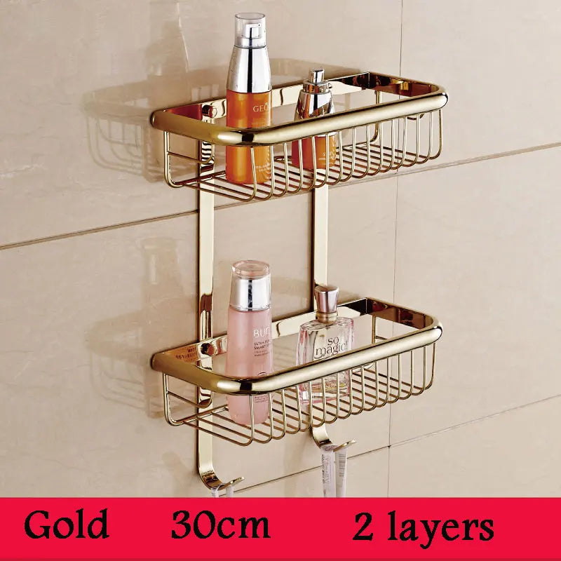 BAKALA Brass Bathroom Shelves With Robe Hook 2-Tier Bathroom Storage Basket Wall Mount Bathroom Shelf BR-6