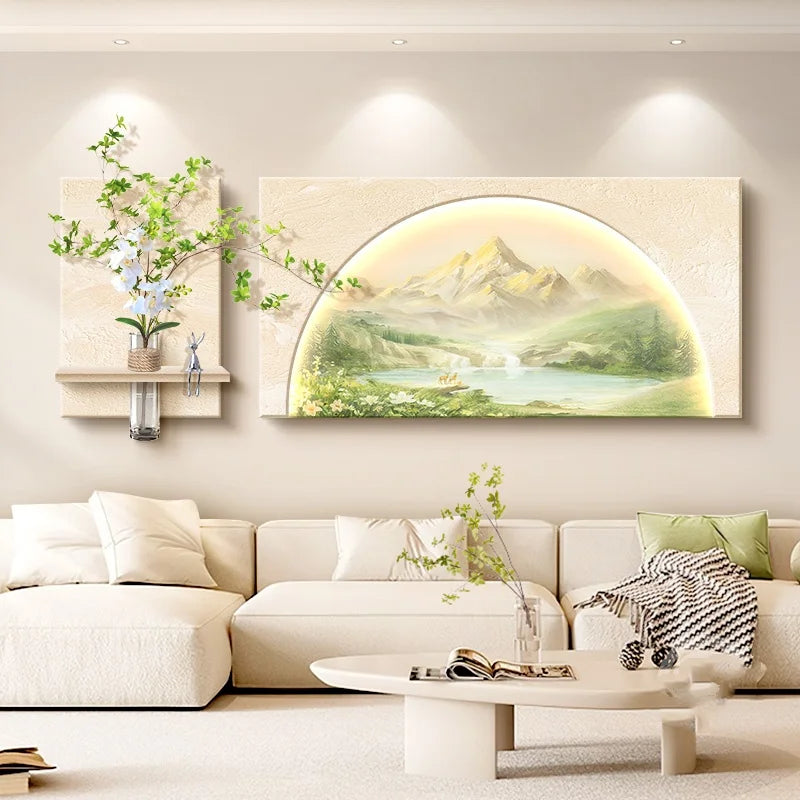 Simple Living Room Decoration Painting Natural Wood Sunshine Sofa Background Wall Hanging Painting High-End Landscape Wall Lamp