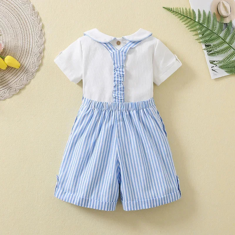 Baby Boys Birthday Outfit 2Pcs Set Short Sleeve Shirt + Striped Suspenders Pants Toddler Summer Clothes Formal Suit Gentleman