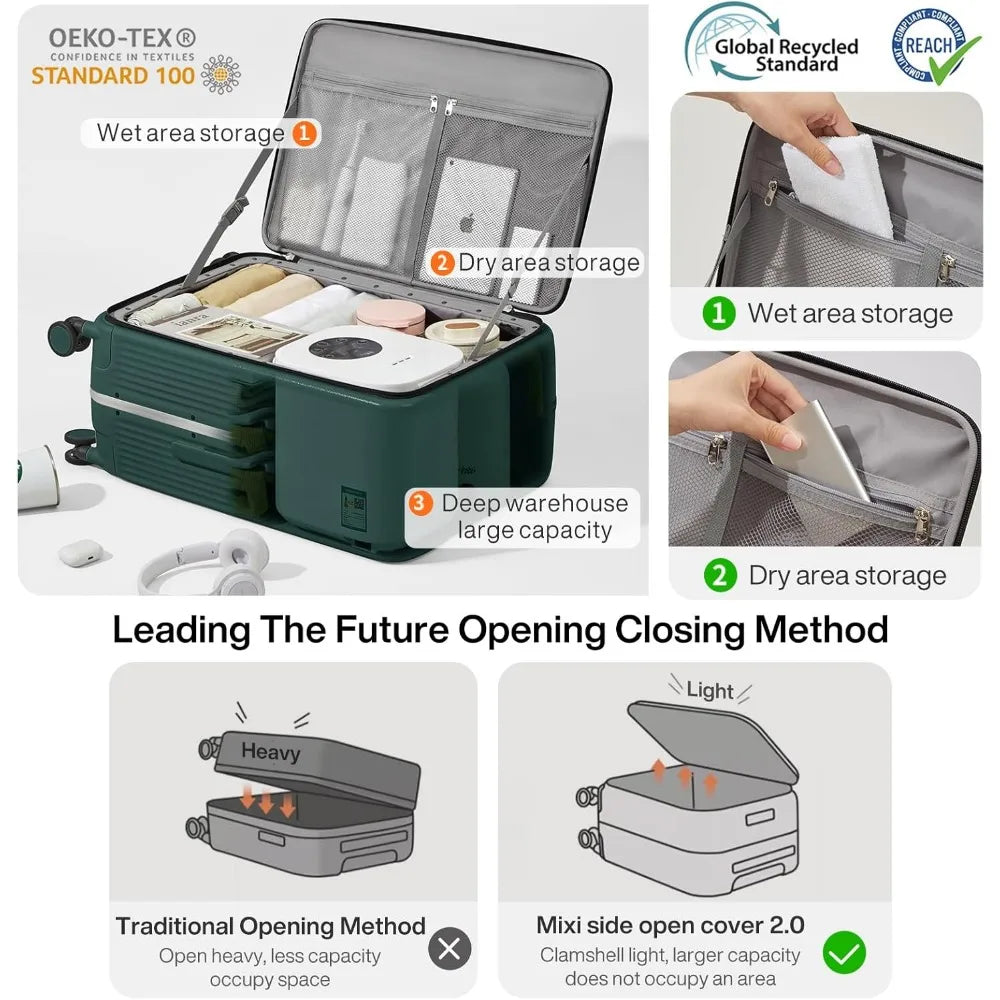 mixi Carry On Luggage with Cup Phone Holder and Charger Hard Shell Suitcases with Spinner Wheels,20 Inch Blackish Green