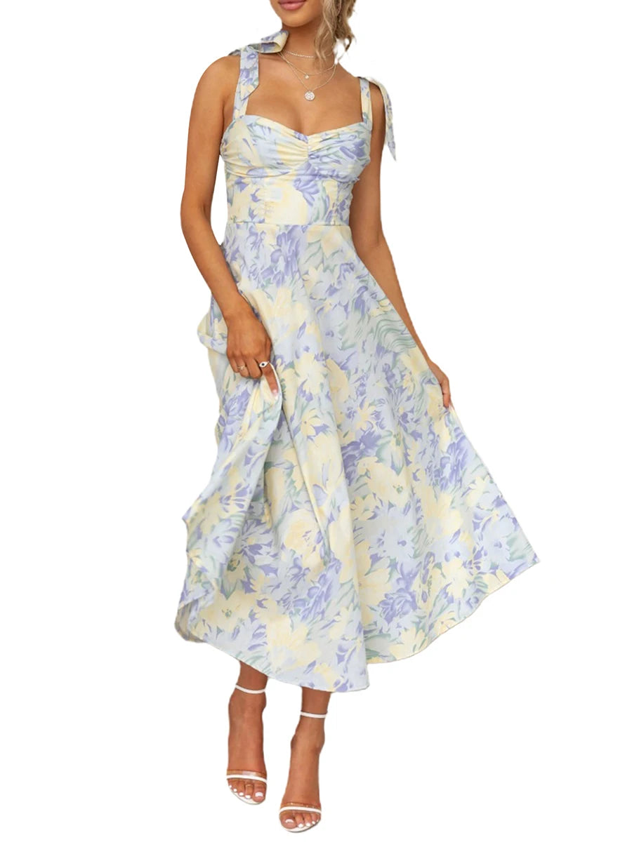 Women Sling Dress Sleeveless Low-cut Tie-up Flower Print Summer Long Dress for Cocktail Party