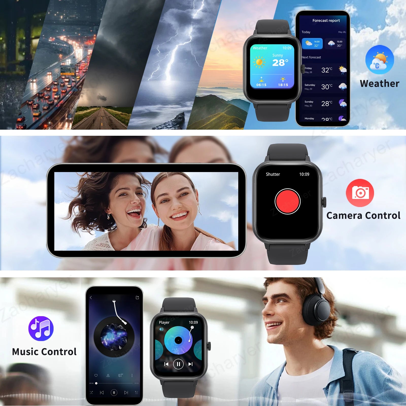 Smart watch, wireless calling/dial,  Music control, information reminder, Various APP Reminders, for iPhone/Andriod