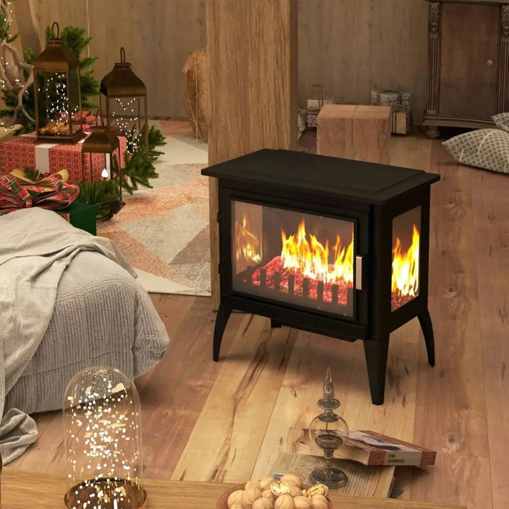 1000W/1500W 24 Freestanding Electric Fireplace Heater with Realistic Flame & Adjustable Temperature - Black