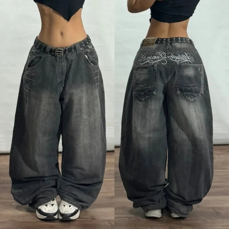 American New Fashion Geometric Pattern Embroidered Baggy Jeans Women Y2K Harajuku Vintage Hip-hop Popular Casual Wide-leg Pants