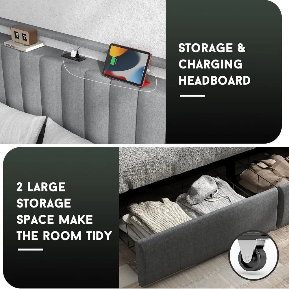 Queen Bed Frame with Headboard and 2 Storage Drawers, Platform Bed Frame Queen Size Upholstered with LED Lights and Charging Sta