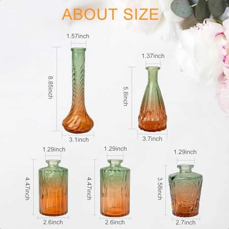 Vintage Glass Bud Vases Set of 5 Gradient Green Small Flower Vases for Wedding Party and Home Decoration