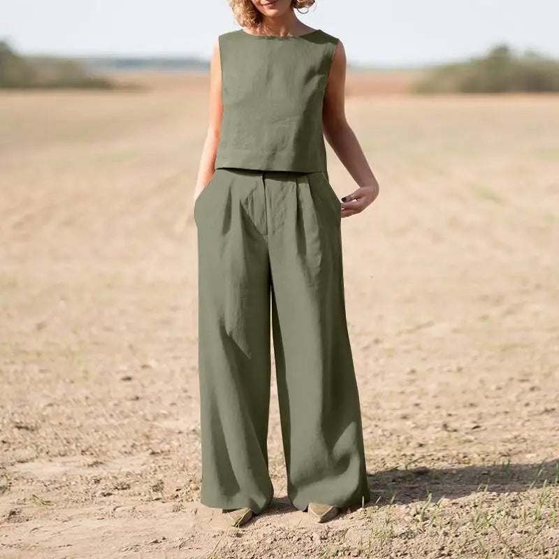 Women's Suit 2025 Women's Solid Color Retro Pants Suit Cotton and Linen Casual Long Sleeve Loose Cotton Suit 2 Piece Set