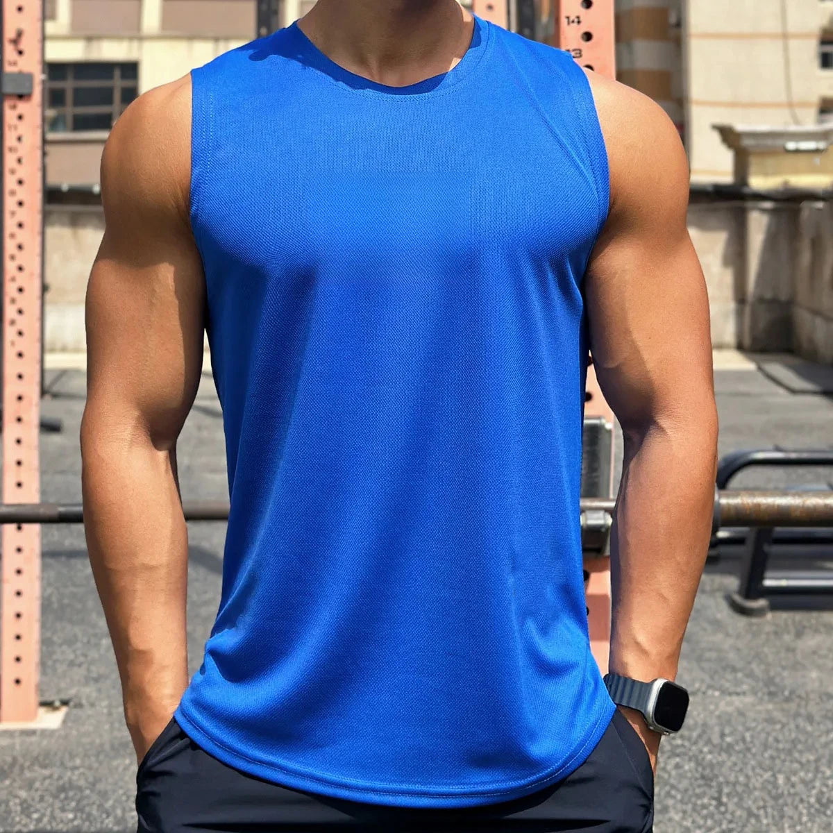 Summer New Trend Men's Pullover Round Neck Mesh Bottom Shirt Sports Fitness Swimming Running Shirt Sleeveless Vest Quick  Dry