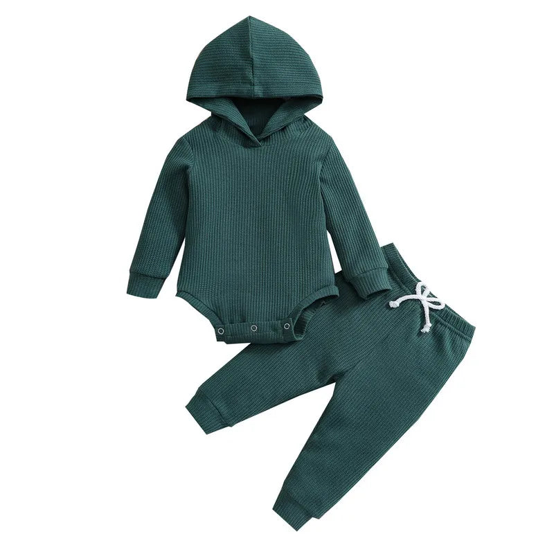 Newborn Baby Boy Pant Sets Autumn Clothes Solid Color Long Sleeves Hooded Bodysuit Tops and Pants Baby Items Clothing for Infant